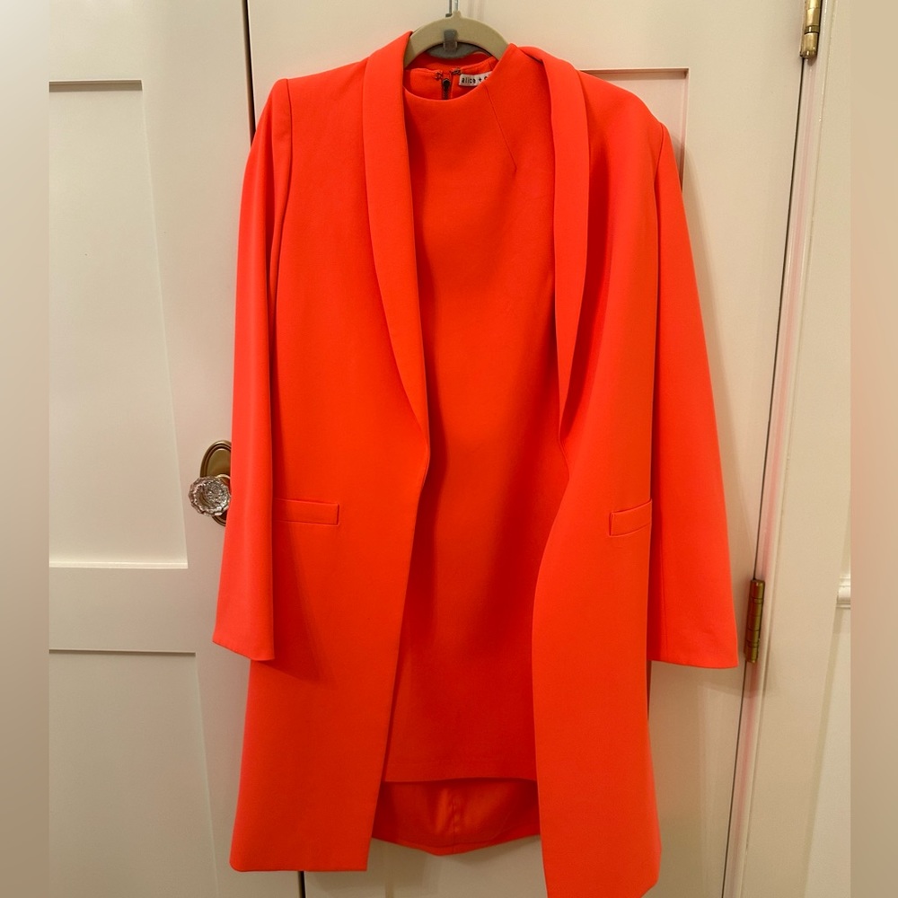 Neon Coral Alice and Olivia a line dress and long blazer coat set